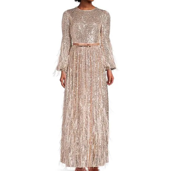 ANTONIO MELANI Dresses & Skirts - NWOT Antonio Melani x Nicola Bathie Sequin Crew Neck Long Sleeve Feather Dress